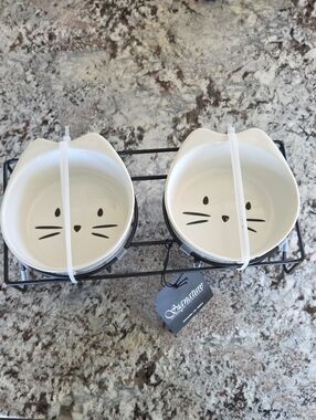 Signature Cat Ceramic Double Bowl Set in White